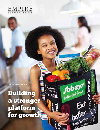 Text Reading 'Building a stronger platform for growth' along with a picture of a little girl holding Sobeys bag filled with vegetables.