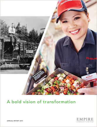 Text Reading 'A bold vision of transformation' along with a picture of a woman holding a tray full of veggies.