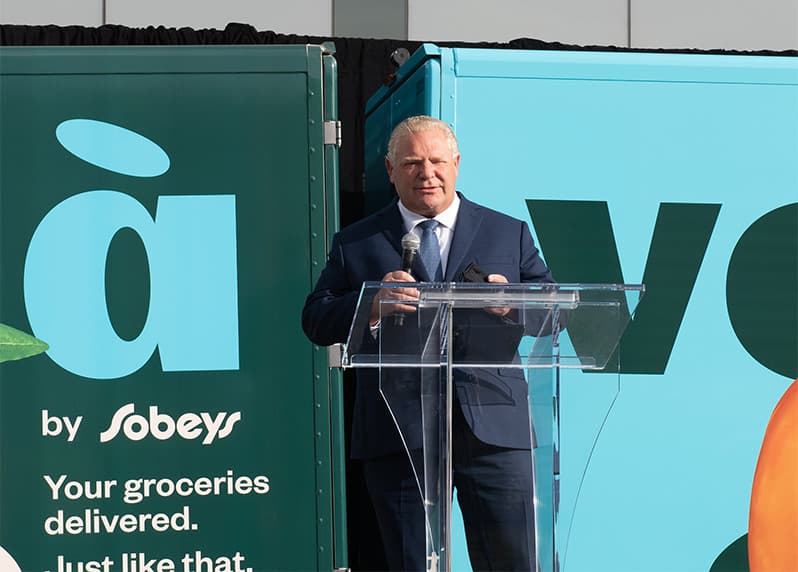 An image representing the Honourable Doug Ford, giving remarks at the Voilà by Sobeys Customer Fulfillment Centre.