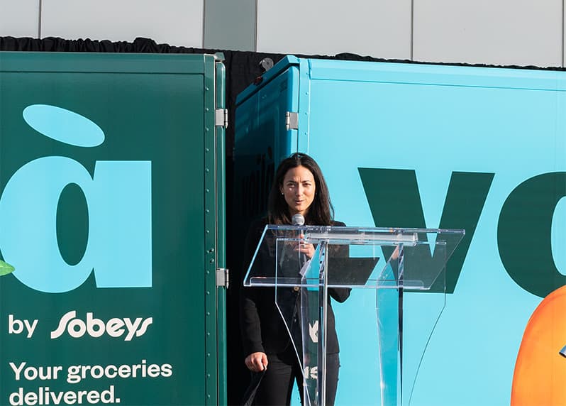 Premier, Doug Ford, of Ontario delivers remarks during the ribbon-cutting ceremony for Voilà by Sobeys Customer Fulfillment Centre in Vaughan, ON